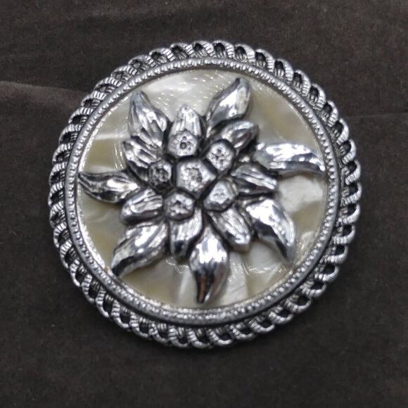 West Germany Floral Scarf Clip, Lucite Background, Mid-century, 1 3/8 Inches - Picture 2 of 8